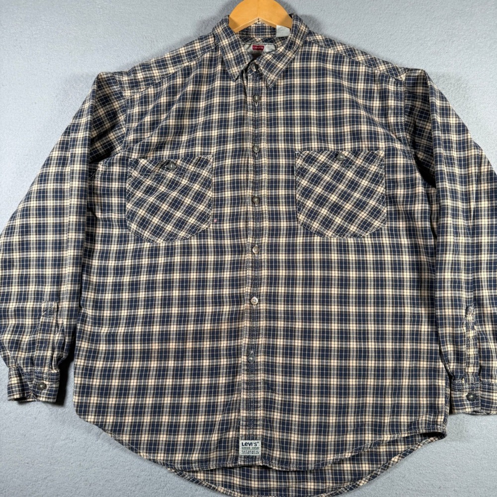 Vintage Levis Mens Blue Cream Plaid Button Down Long Sleeve Cotton Shirt L